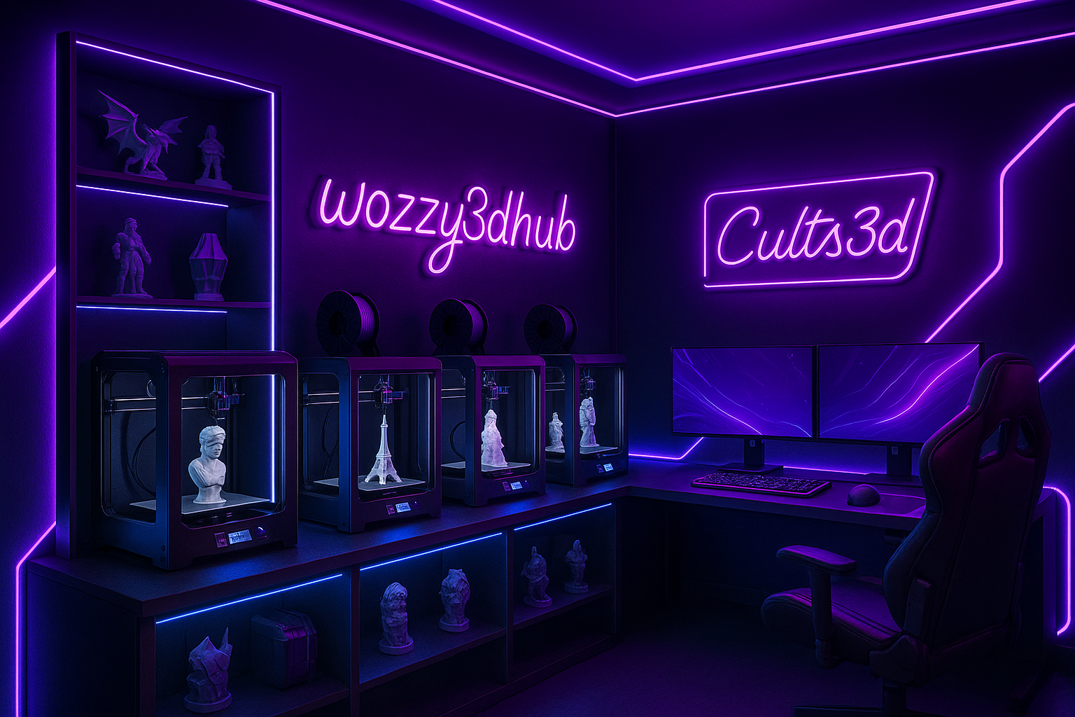3d printing gaming room with purple neon effect saying wozzy3dhub Cults3d